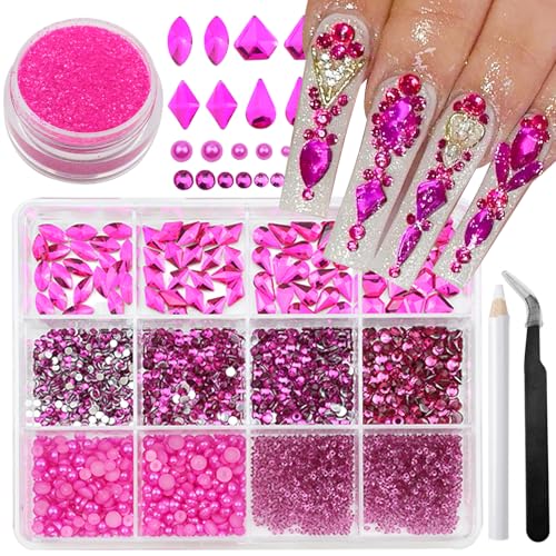 Nail Art Rhinestones Flatback Rhinestones and Pearls Nail Charms Rose Red Nail Art Supplies Mixed Multi Shapes Crystals Nail Gems Bubble Beads Luxury Design Nail Accessories for Women Nail Decorations