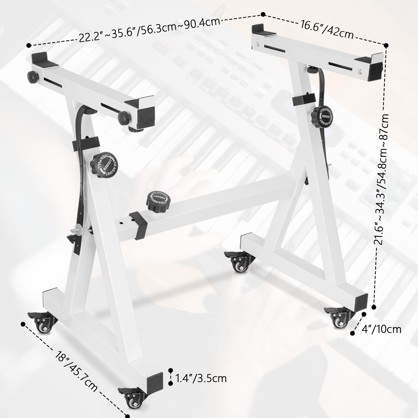 Soporte de teclado Piano Ajustable en Altura 55 a 87 cm, Soporte de Piano en Z con 4 ruedas giratorias, adecuado para Pianos de 54 a 88 Teclas, Capacidad de carga 160 KG (blanco)