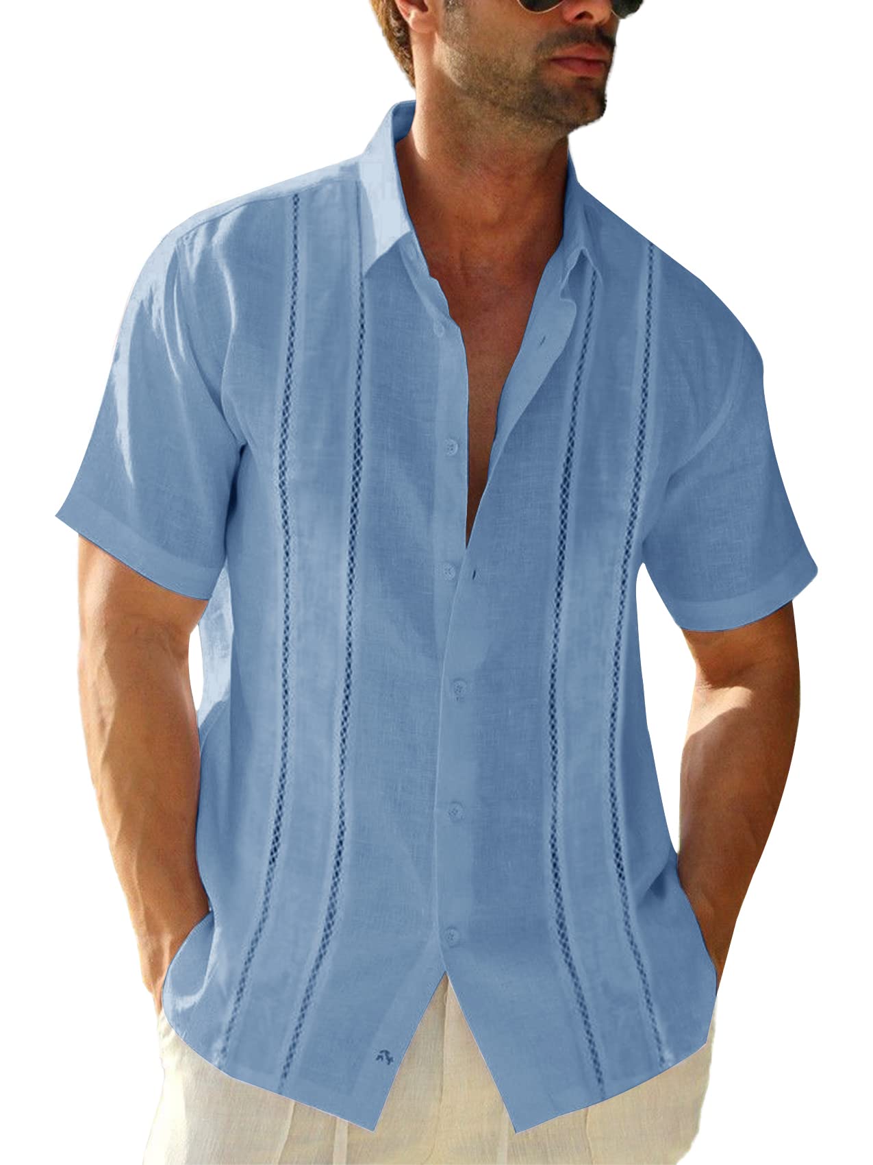 Runcati Mens Short Sleeve Guayabera Shirts Linen Cotton Button Down Mexican Embroidered Cuban Wedding Shirt Summer Beach Tops