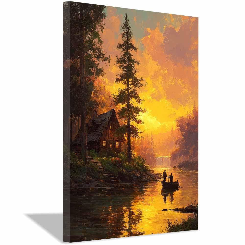 HUYEEI Canvas Print Wall Art Lakehouse Fishing Modern Nature Landscape Poster, for living room, bedroom,Corridor Office Room Decoretc.(yellow)-60x80cm Framed