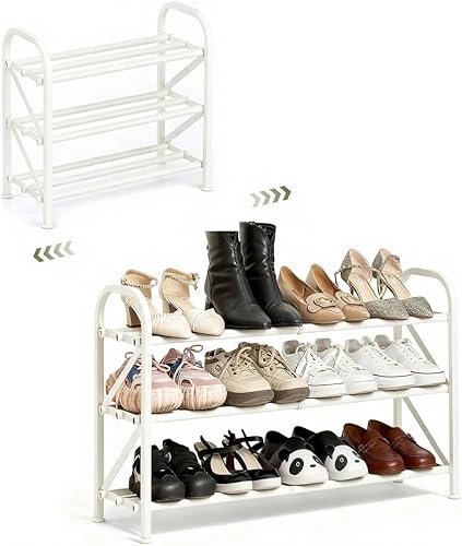 Miniatura 9 de Zapatero de 3 niveles para armario, 16-33 pulgadas, zapatero expandible ajustable para entrada, armario, puerta, metal resistente, color negro 3