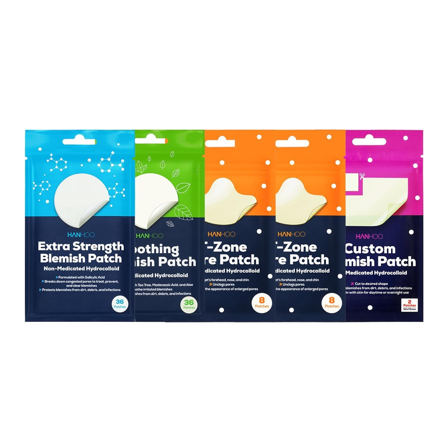 HANHOOSoothing Blemish Patch, Extra Strength Blemish Patch, Custom Blemish Patch, and T-Zone Pore Patch Bundle, 90 Total Patches, with Salicylic Acid, Tea Tree, and Aloe, Blackhead and Acne Treatment