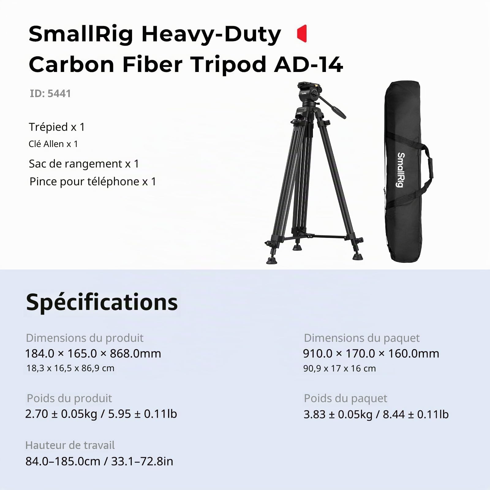 SMALLRIG 73''/185 cm Trépied Vidéo Robuste en Fibre de Carbone, Charge Max 10 Kg, Tête Fluide avec Inclinaison de +85° à -78°, Trépied de Voyage Poid du 2,7 Kg, Hauteur Pliée 87 Cm, AD-14-5441