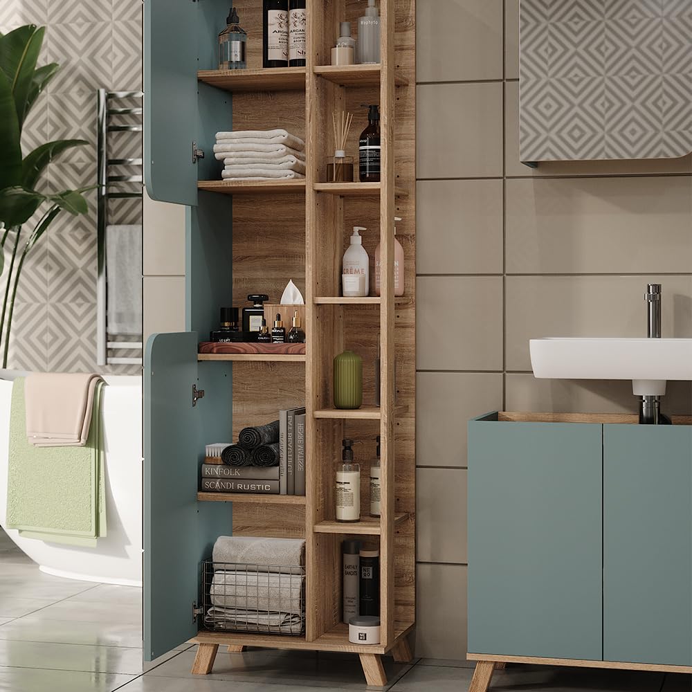 Vicco Set di mobili da bagno Karen, Sonoma/blu, 80 cm, composto da mobile lavabo, pensile a specchio, colonna e base media