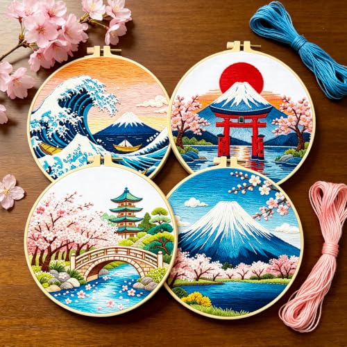 Image of BEUNITONE 4 Pcs Embroidery Kit for Beginner, Ukiyo-e Style Landscape Wave Pattern Embroidery Materials, Cross Stitch Set with Cloth, Thread, Needle and Hoop Tools for Friendship Gift and Home Decor