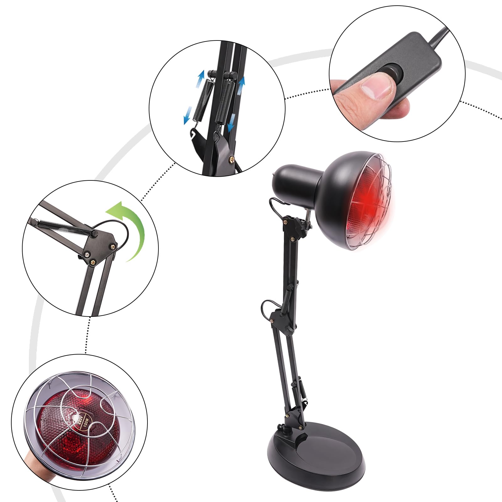 Lampa na podczerwień, 150 W, czerwone światło, światło na podczerwień, do użytku domowego, regulowane ramiona nośne, 180°, zestaw lamp na podczerwień do leczenia (czarna)