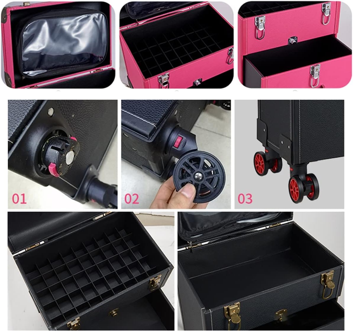 Cosmetic Case Makeup Beauty Eyebrows Semi-Permanent Massage Beginner Tool Storage Trolley Suitcase Large Capacity Storage Box (Color : Pink, Size: 36 x 23 x 34 cm) (Black 36 x 23 x 34 cm)