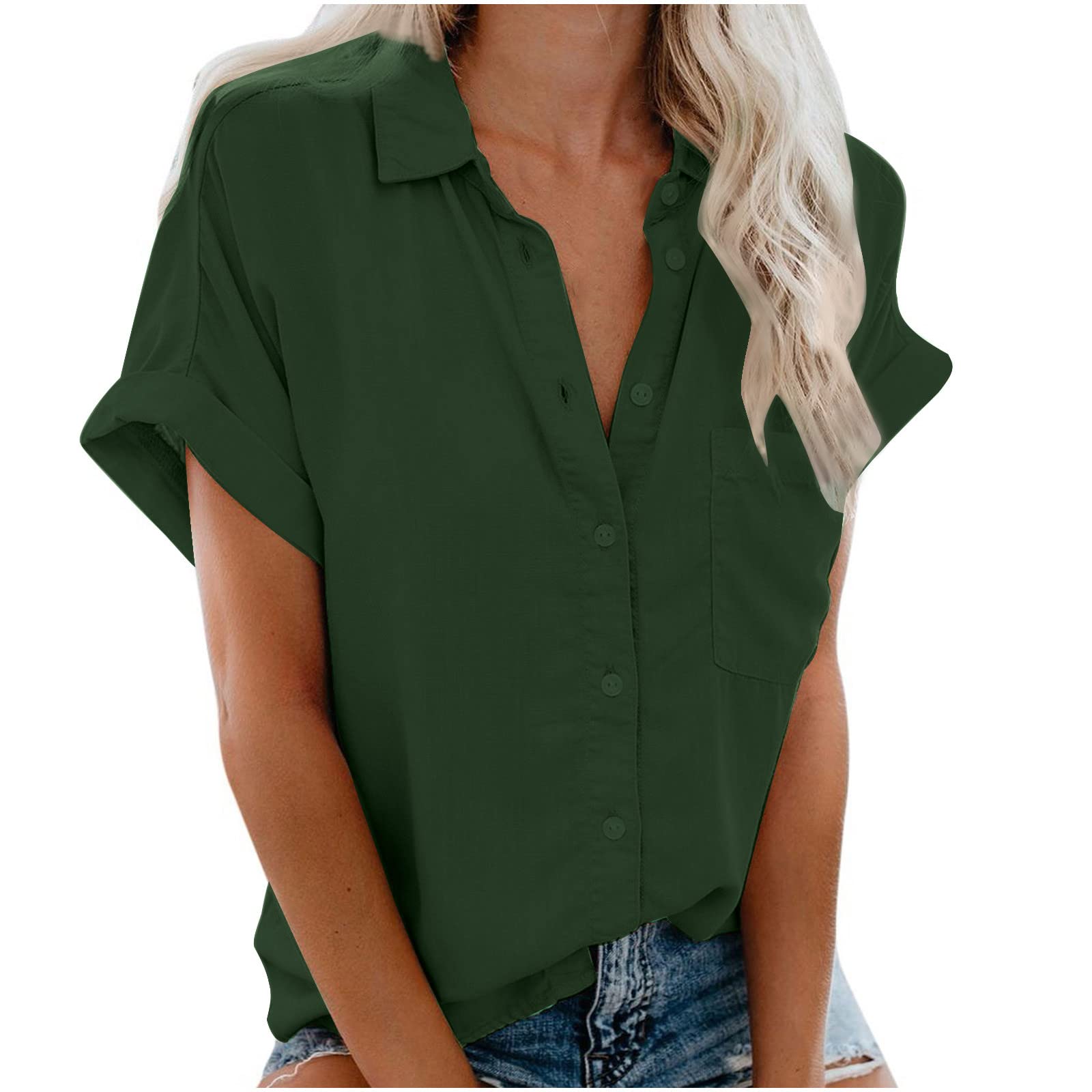 Lemoiitea Camisas de manga corta para mujer, tallas grandes, casuales, a la moda, color liso, cárdigan, camisetas con botones de solapa y bolsillo, camisetas holgadas grandes de verano, camisas de trabajo