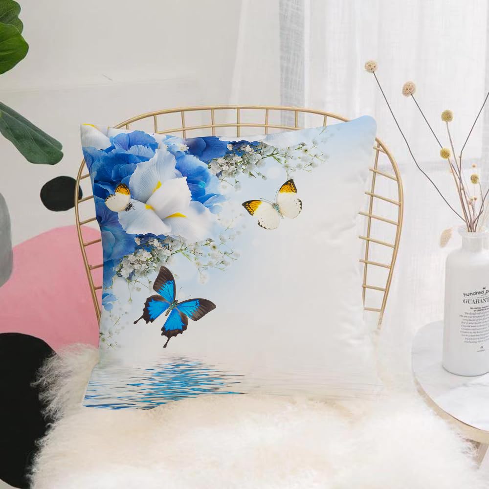 HYOSXW Cushion Cover,Throw Pillow Case Home Decorative for Living Room Bedroom Sofa Chair 16X16 Inch,Fleurs sauvages florales,bleues et blanches avec des papillons monarques Prothè,Pillowcase 40X40cm