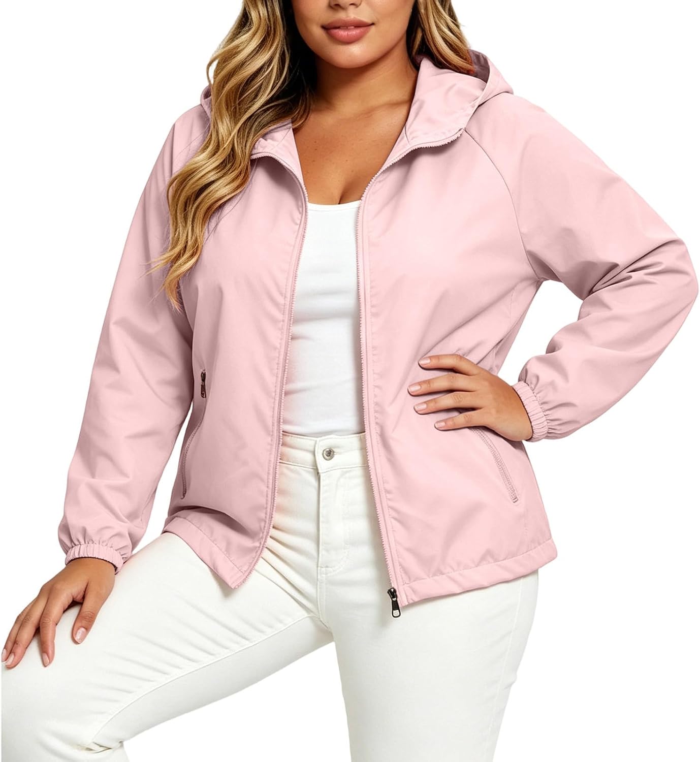 Lmdudan Womens Plus Size Windbreaker Jacket Full-Zip Sun Protection Lightweight Coat Outdoor Hiking Hooded Top with Pockets