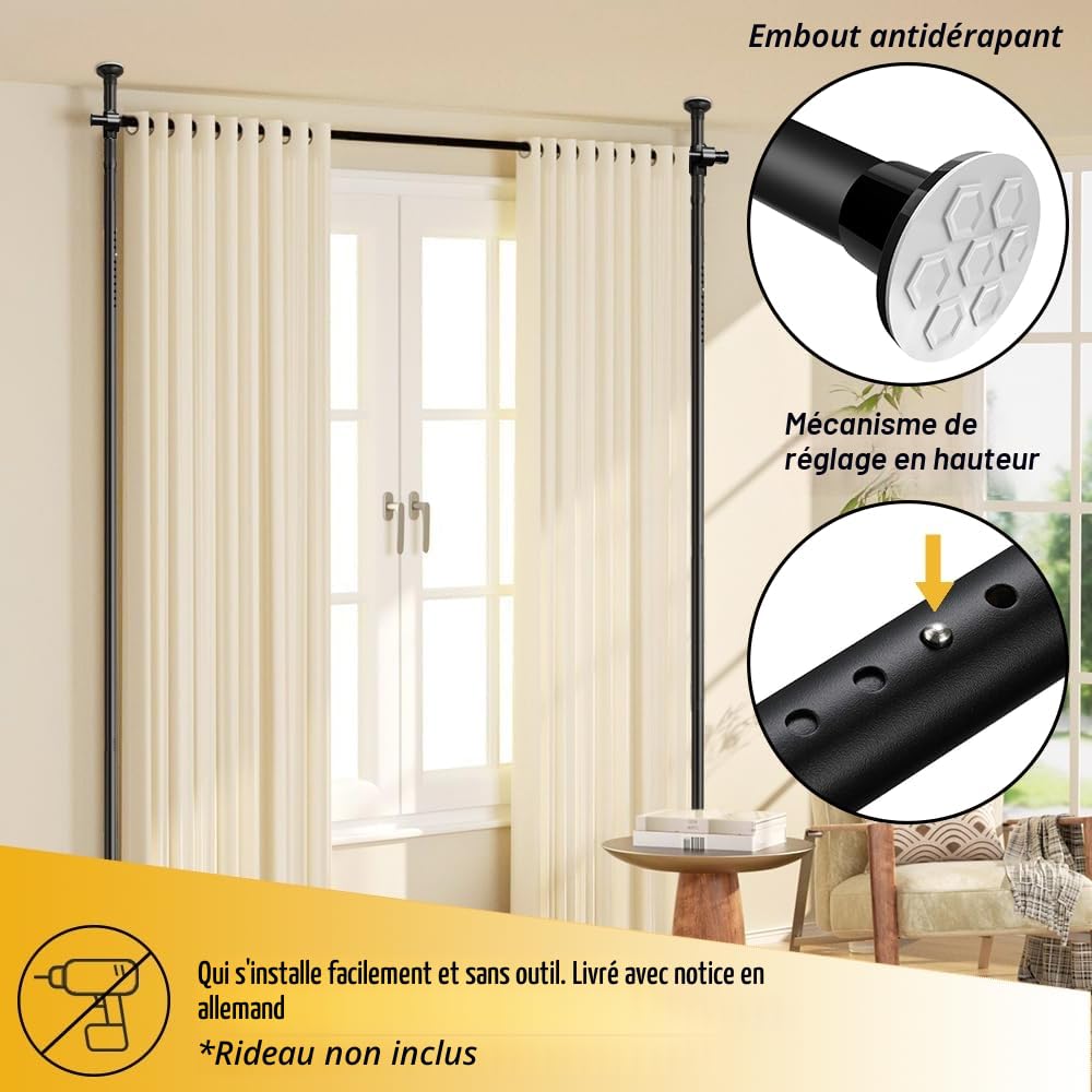 Tringle à Rideau pour Cadre de séparation de pièce 177 x 305 cm, écran réglable en flexibilité, cloison de séparation de pièce, Aucun perçage requis, pour Chambre ou Bureau (Noir)