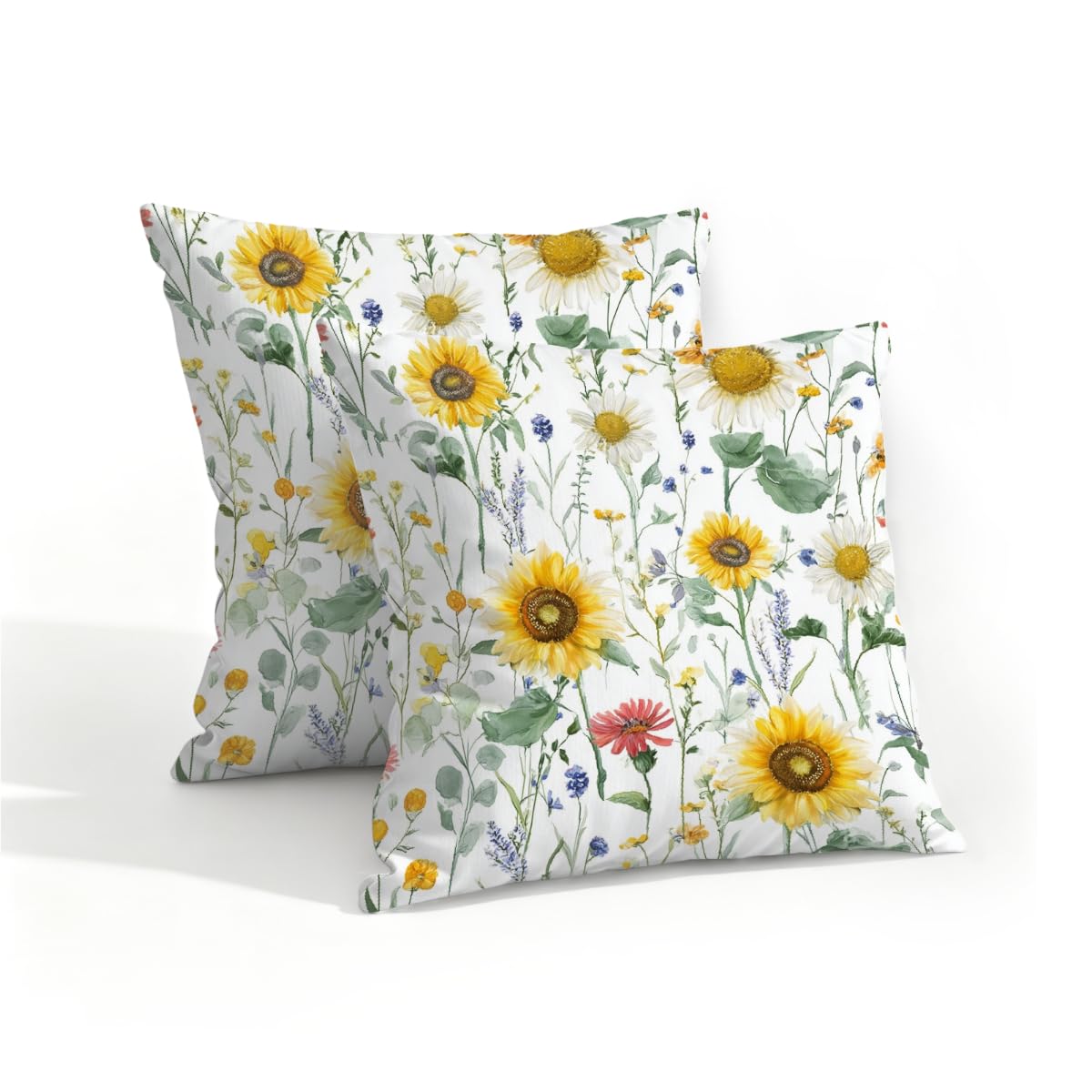 Outdoor Pillow Covers Waterproof Pillowcases 16x16in Set of 2 Watercolor Wildflowers Sunflower Decorative Throw Cushion Case for Couch Sofa Garden Patio Furniture