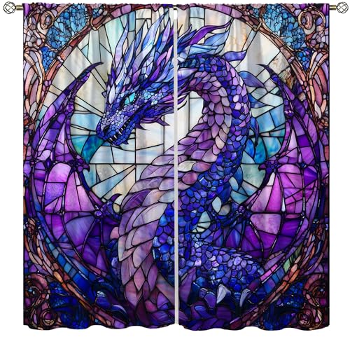 wlsgdsg Dragon Curtains for Boys,Fantasy Purple Mythic Glass Mural Magic Scale Flying Dragon Window Treatments Print for Kids Teenage Bedroom Living Room 42x45in（No Blackout）