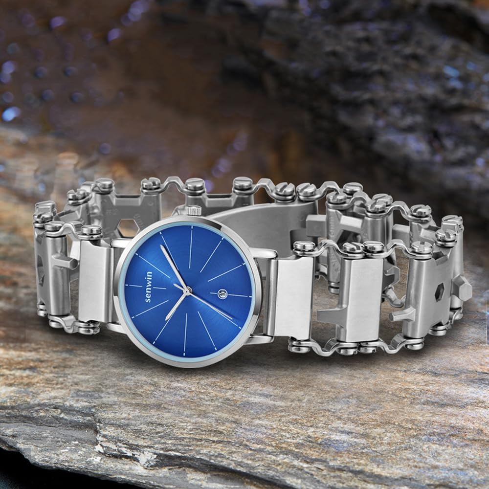 Bracelet multifonction pour Homme – Bracelet multifonction 29 en 1 en Acier inoxydable, adapté aux Voyages, adapté pour la Voile, le Camping, la randonnée – Argent, 21 cm