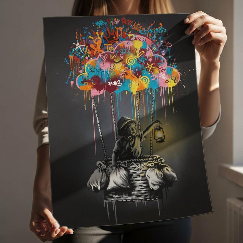 CANVEO Banksy Bilder Leinwand | Graffiti Poster Banksy Leinwand | Bild Wohnzimmer groß | Bild Schlafzimmer über Bett | Wandbilder modern mit Rahmen | xxl Bilder Flur Wanddeko