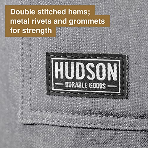 Hudson Durable Goods Professional Grade Chef Apron for Kitchen, BBQ, and Grill - Adjustable Crossback Denim Apron for Men and Women with Pockets, Towel Loop, Quick Release Buckle - 34 x 27 Inch, Grey