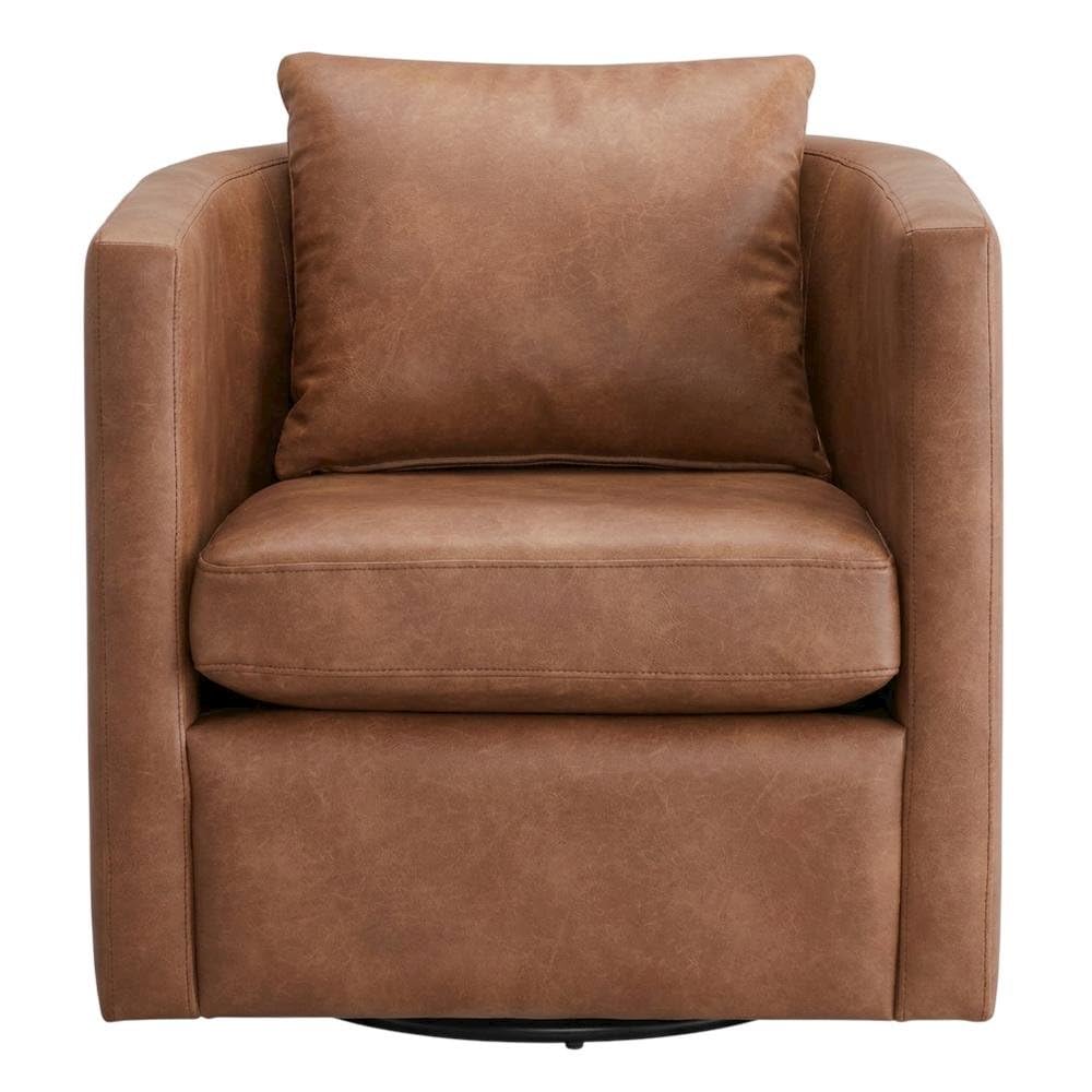 Brown Faux Leather Swivel Barrel Chair by Furnifact – Hardwood and plywood frame construction, Brown
