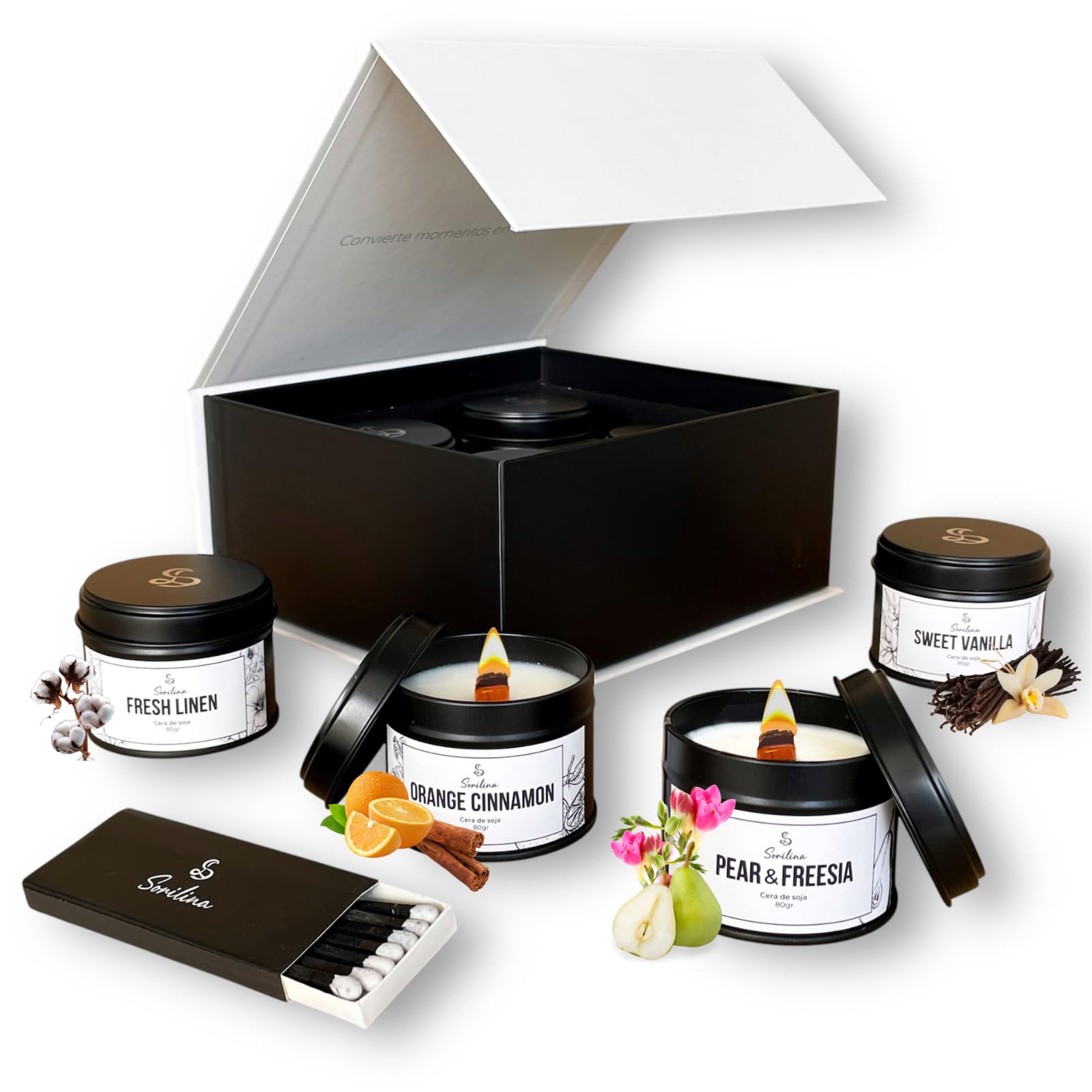 SORILINA Pack Velas Aromáticas con Cerillas y Caja Regalo, 4 Velas Pequeñas de Soja y Mecha de Madera, Set para Regalo, Hecho a Mano en España, 80gr/u 20h/u (4 Aromas)