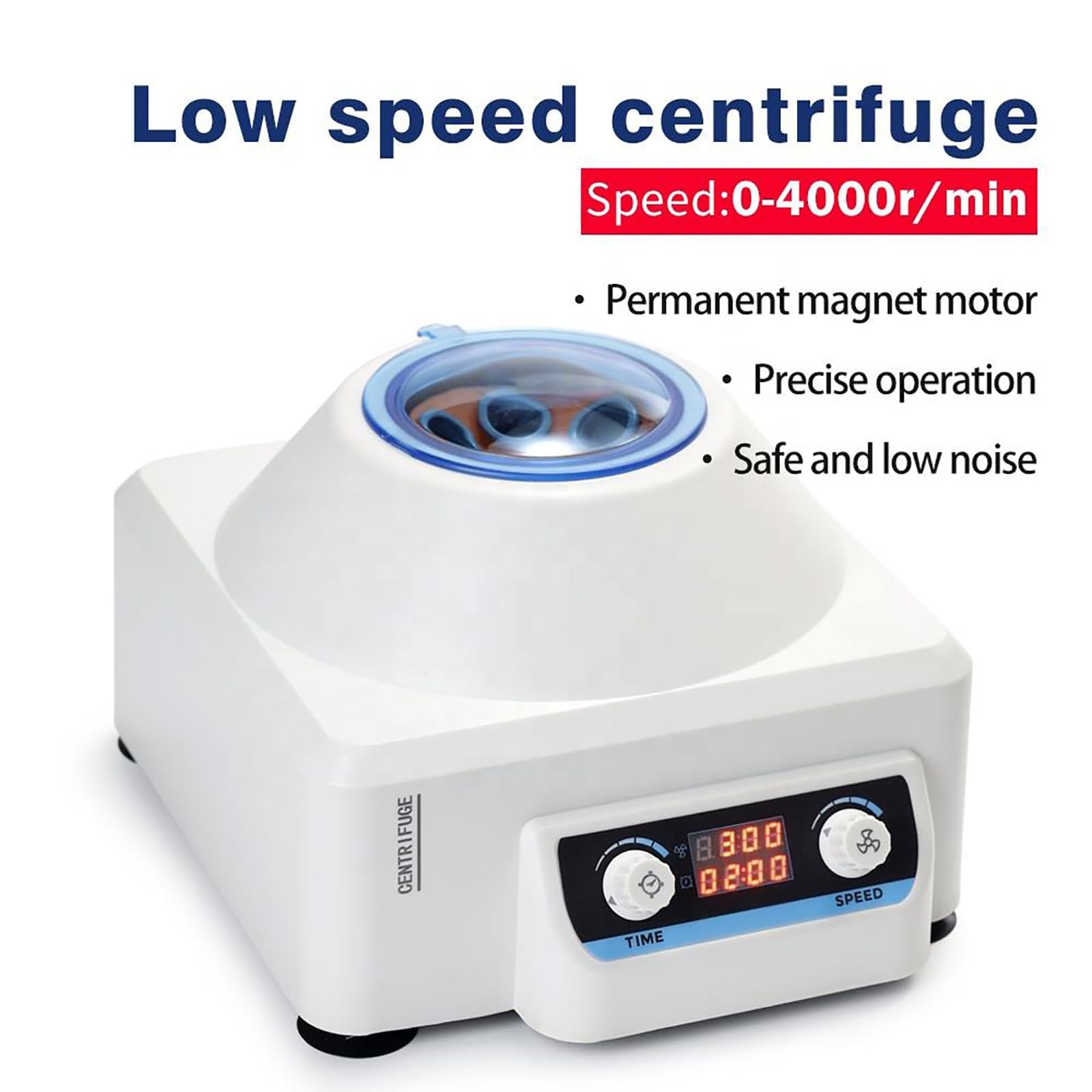 Máquina centrífuga de laboratorio, modelo de escritorio de mesa, rango de velocidad 0-4000 rpm, tiempo de 0 a 99 minutos, funcionamiento estable, alta durabilidad para experimentos e investigación