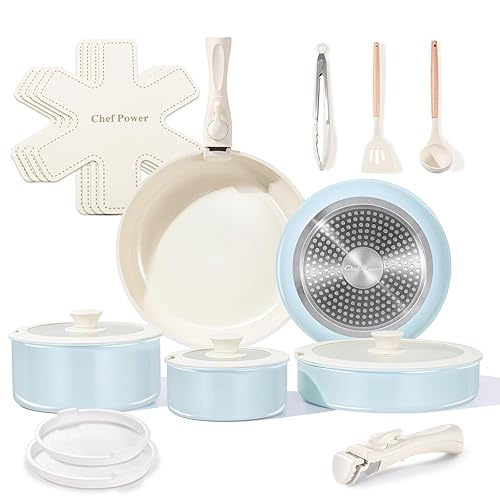 Chef Power Ceramic Nonstick Pots and Pans Set 19 Piece with Detachable Handle, Induction Dishwasher Oven Safe Cookware Set, RV Kitchen Set Removable Handle (Light Blue) - Light Blue