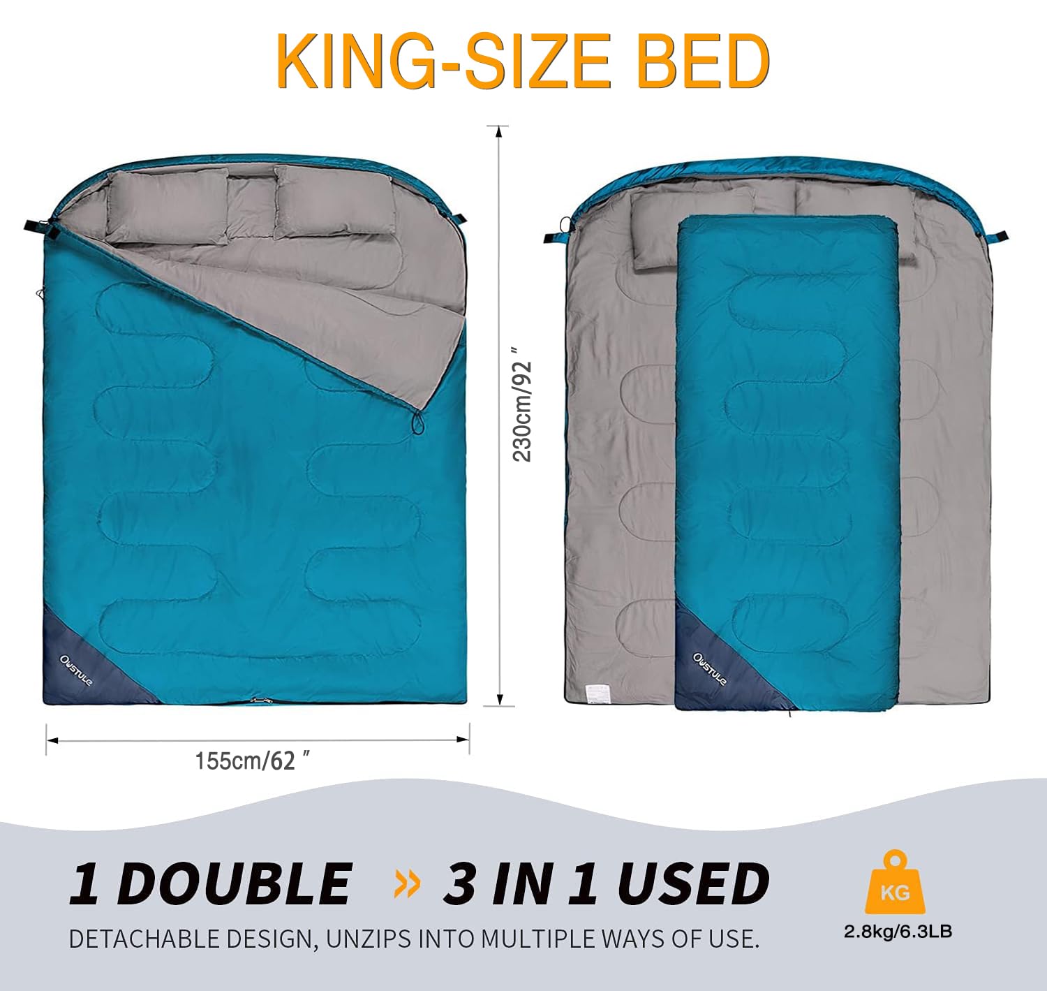 OUSUTLE Double Sleeping Bag for Adults, 2 Person Sleeping Bag with 2 Pillows for Backpacking Camping Hiking, Queen Size Cold Weather Sleeping Bag for Couples & Family Traveling