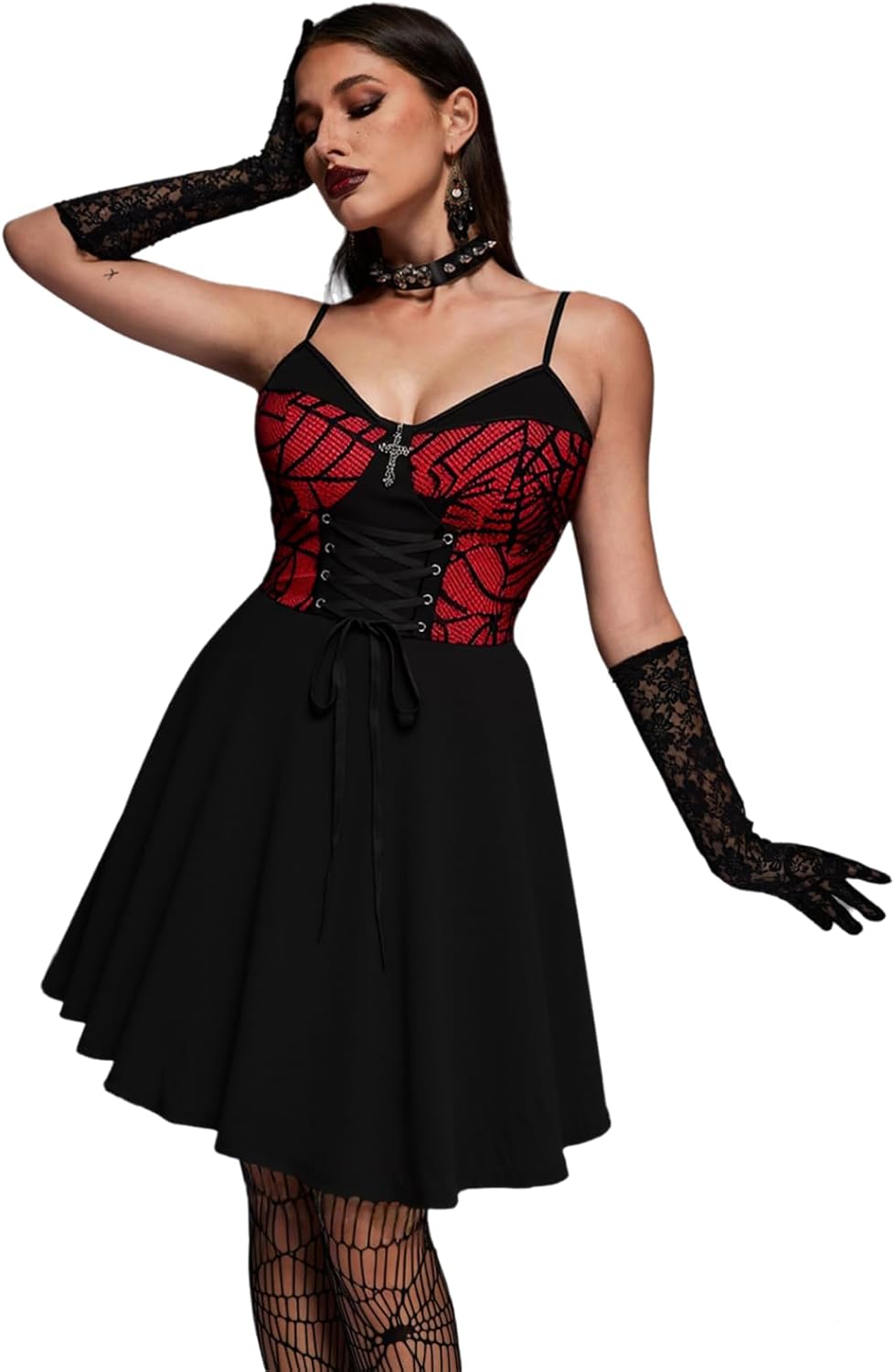 Womens Cosplay Costume Gothic Spider Web Lace Up Cross A Line Cami Dress