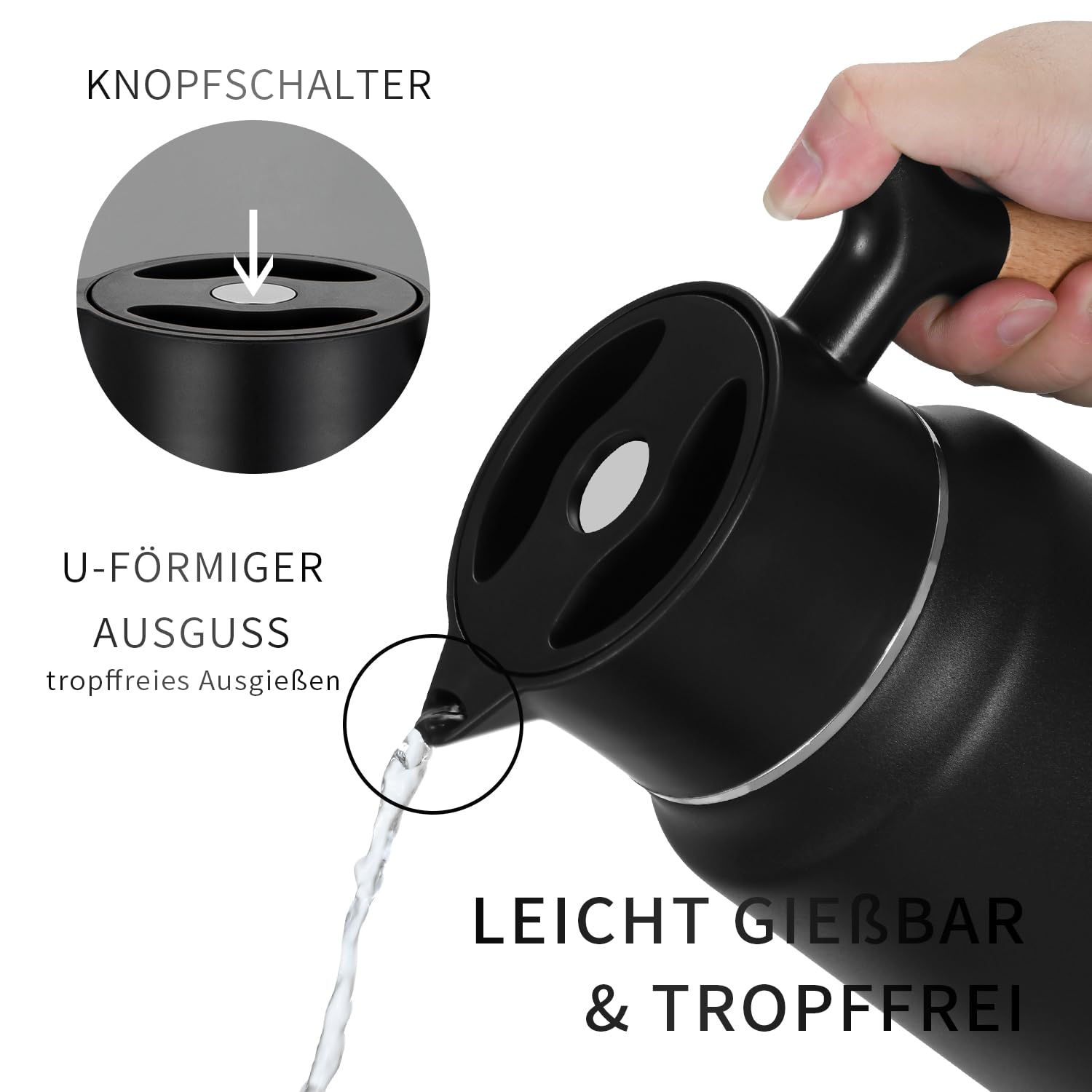 VETIN Thermo, thermos da 1,5 l, con filtro da tè, teiera con inserto per colino, Thermo, caffettiera termica 304, in acciaio inox, con manico effetto legno, 10 ore, 16 ore di freddo (nero)