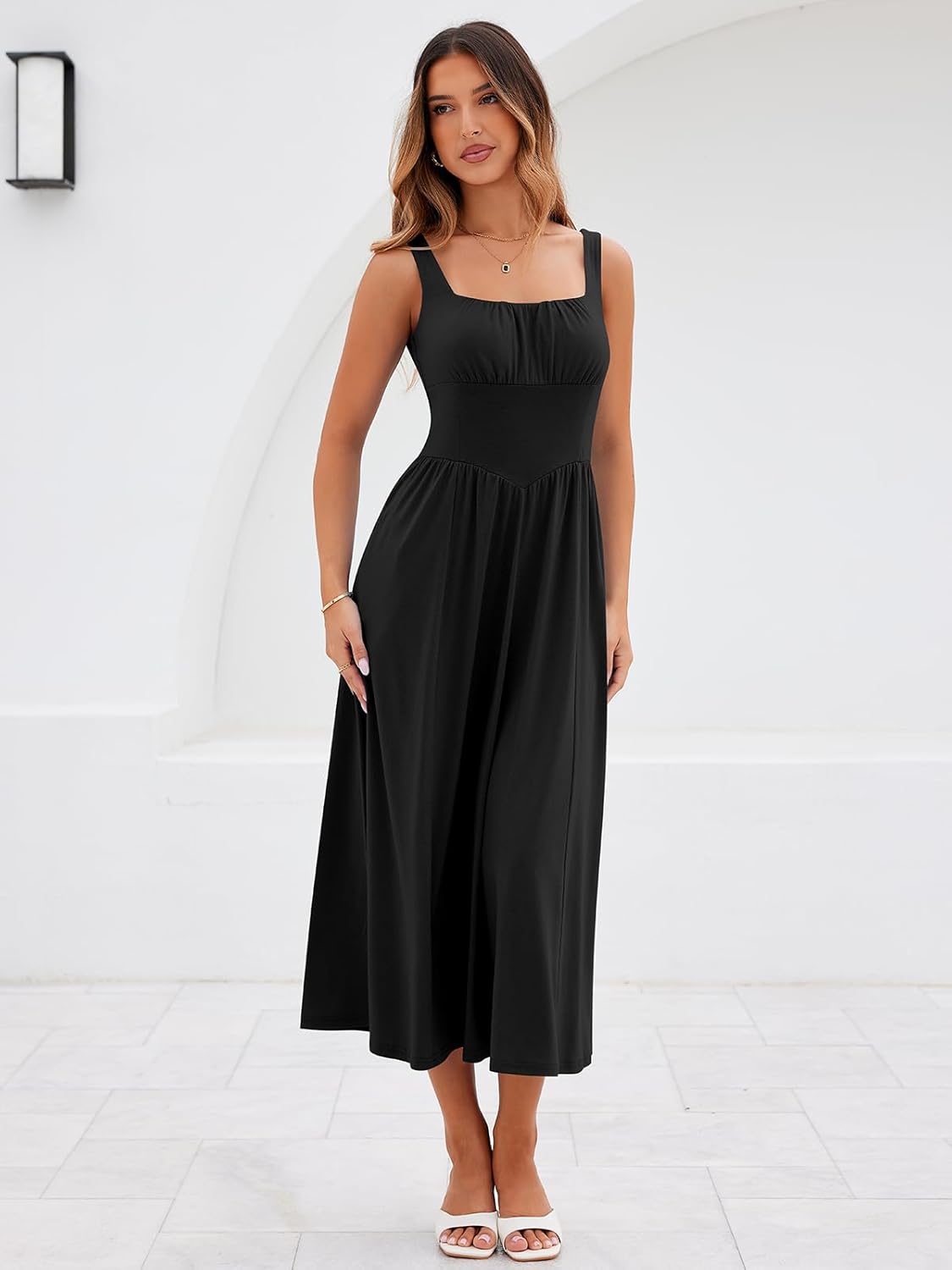 YATHON Women's Summer Floral Midi Dress Casual Square Neck Flowy Wedding Guest Dresses Beach Vacation Sundress with Pocket - Image 4