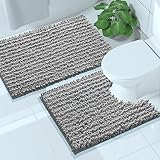 Yimobra Luxury Bathroom Rugs Sets 2 Piece, Soft U-Shaped Contour Toilet Rug and Fluffy Chenille Bath Rug, Non-Slip Absorbent Bath Floor Mat Carpet Set, Machine Washable, 24x17+24x20 Inch Grey