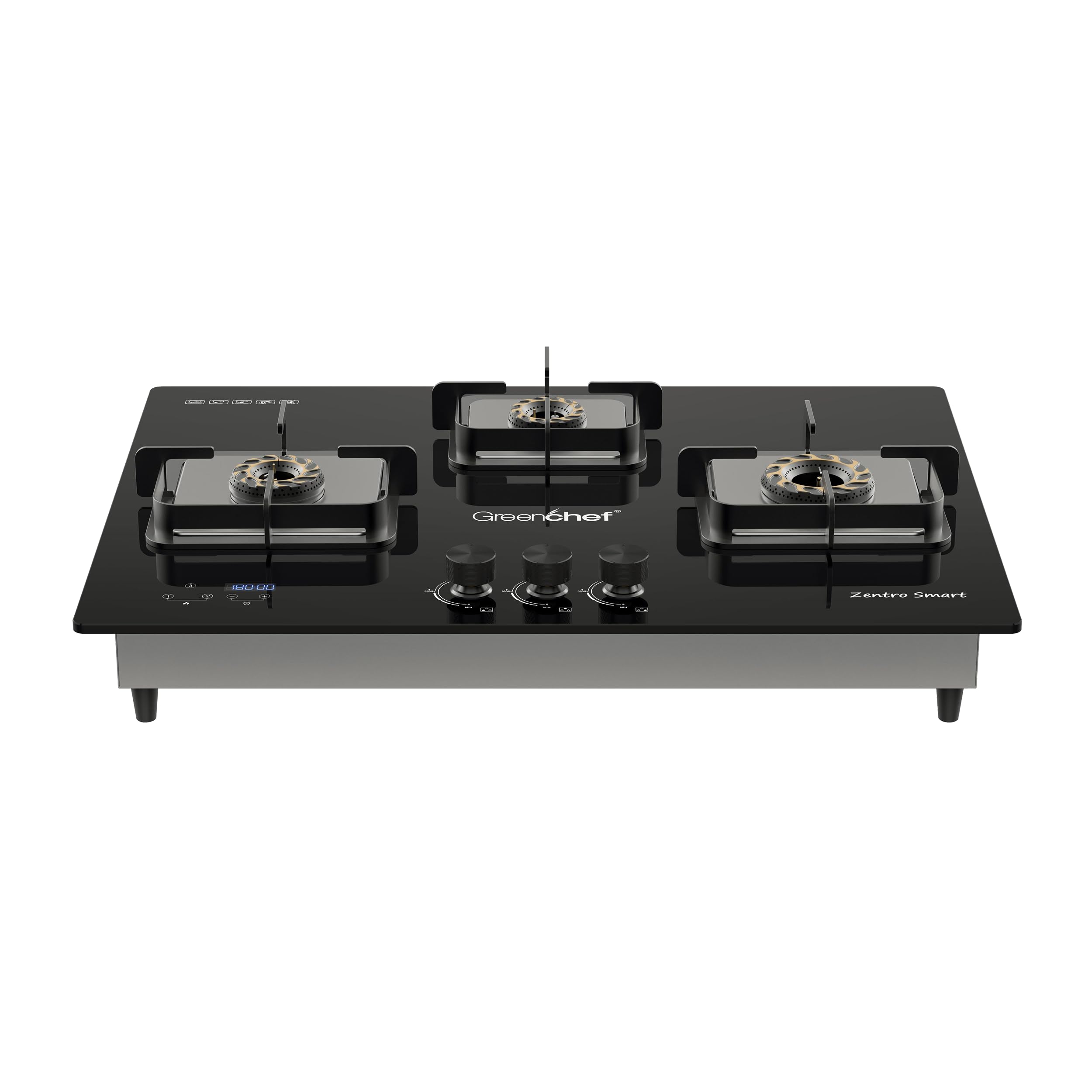 Greenchef Zentro Smart 3 burner Glass Hob Top| Digital timer| Featured with Flame failure| Black Color| High efficiency tornado Burners|-image-9