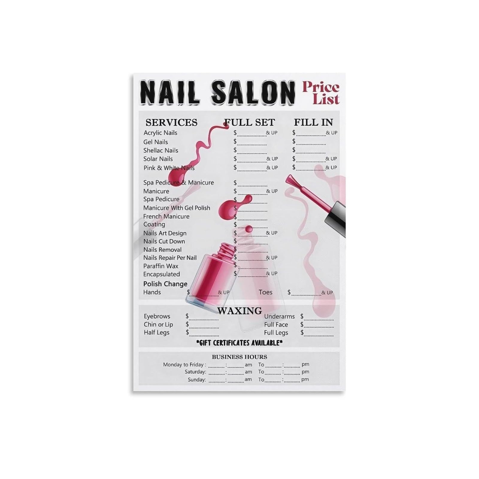 RNUMLIGH Manicure Pedicure Menu Metal Sign Nail Services List Chart for Nail Salon Beauty Salon Reception Desk Sign 8 X 12 in