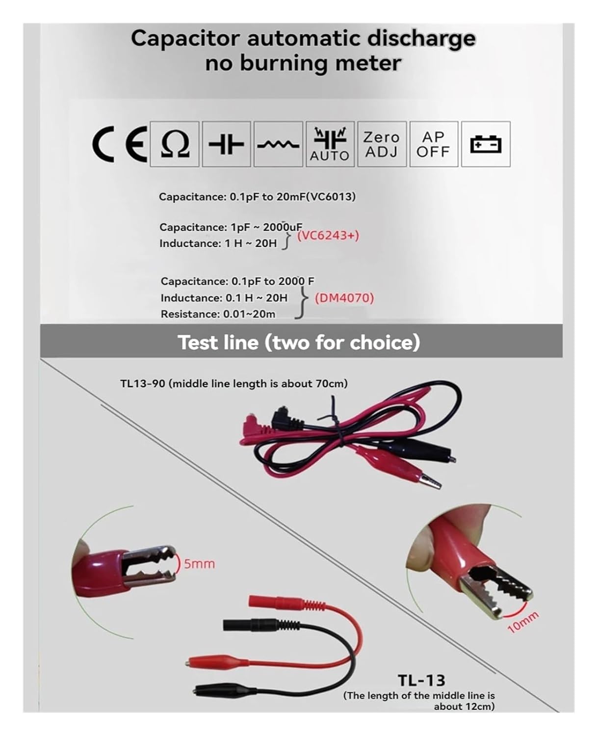 BUUBO VC6243+ LCR meter highlighting capacitor automatic discharge and measurement ranges