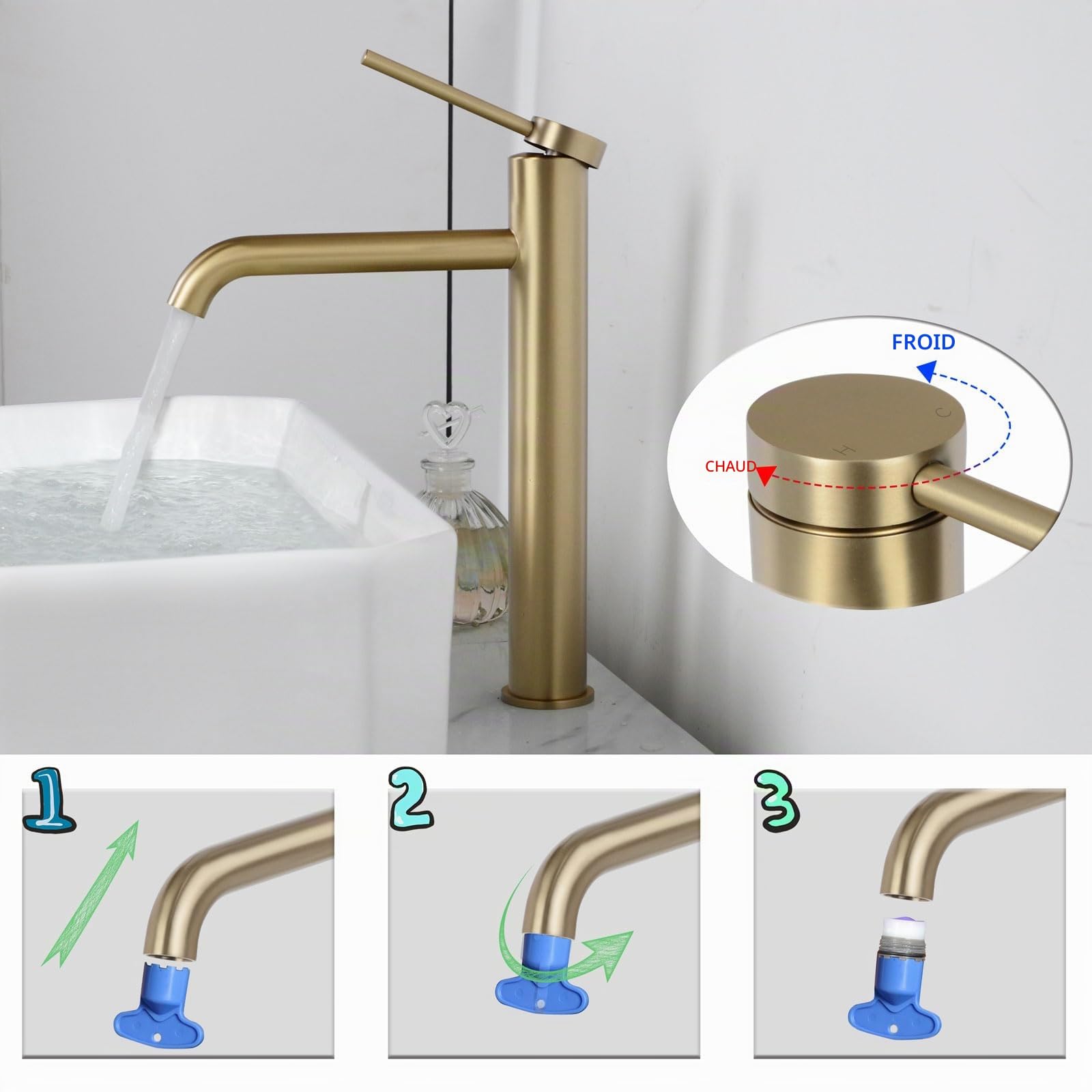 PHASAT Robinet Salle de Bain Mitigeur Lavabo en Acier Inoxydable avec Bec Haut Robinet Lavabo Vasque Eau Chaude et Froide, Brosser or PTMP01LG