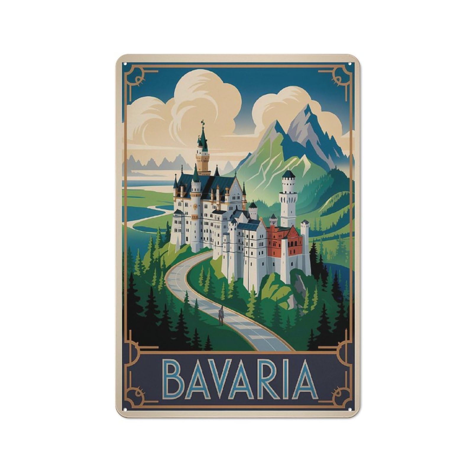 Junmoney Style-22 Classic Bavaria Castle Travel Metal Wall Plaque 30X20cm, Nostalgic Wall Art For Living Room, Hallway, Kitchen Or Cafe