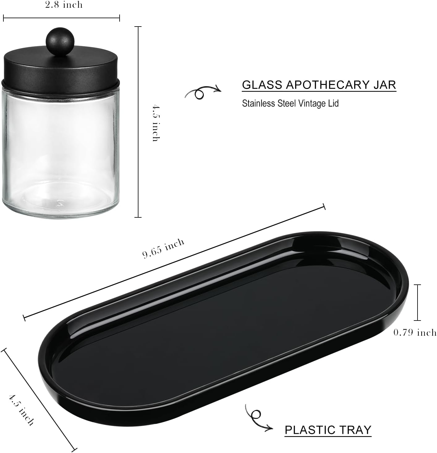 SheeChung Qtip Dispenser Holder, Glass Apothecary Jars with Acrylic Vanity Tray, Countertop Canister Guest Bathroom Essentials Storage Organizer for Cotton Swabs/Balls, Floss Picks(Black)