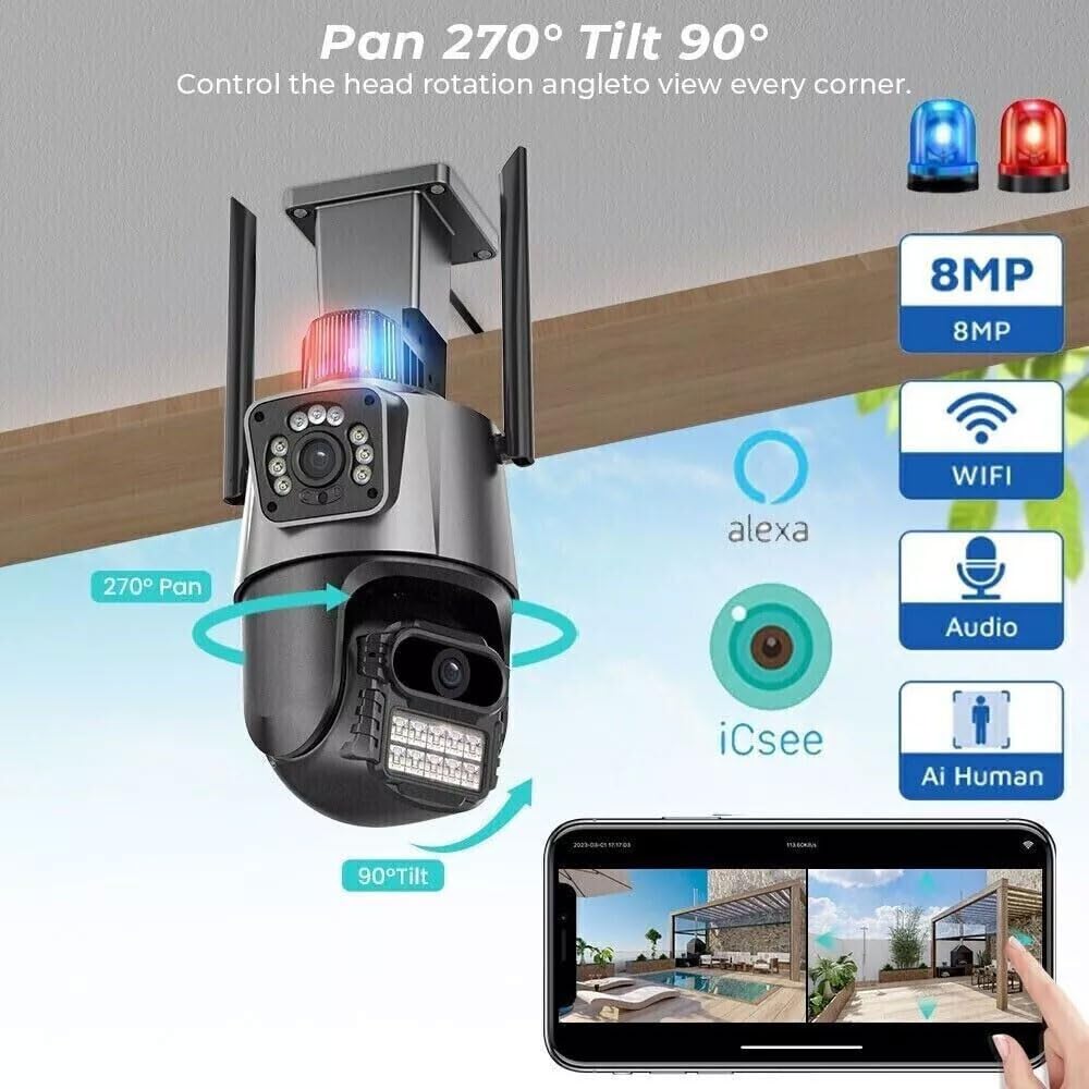 Telecamera IP 8MP 4K esterno WiFi PTZ 2 obiettivo doppio schermo 8X zoom CCTV Applicazione ICSEE 2 Pezzi