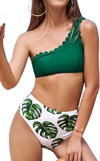 Amazon Cupshe レディース ビキニ 水着 グリーン ワンショルダートップ 葉っぱプリント 裾 スカラップトリムセット Us サイズ X Small ビキニ セパレーツ 通販