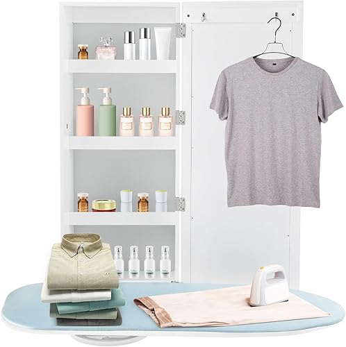 Armario de tabla de planchar montado en la pared, tabla de planchar giratoria integrada con almacenamiento y puerta de espejo, armario de tablas de