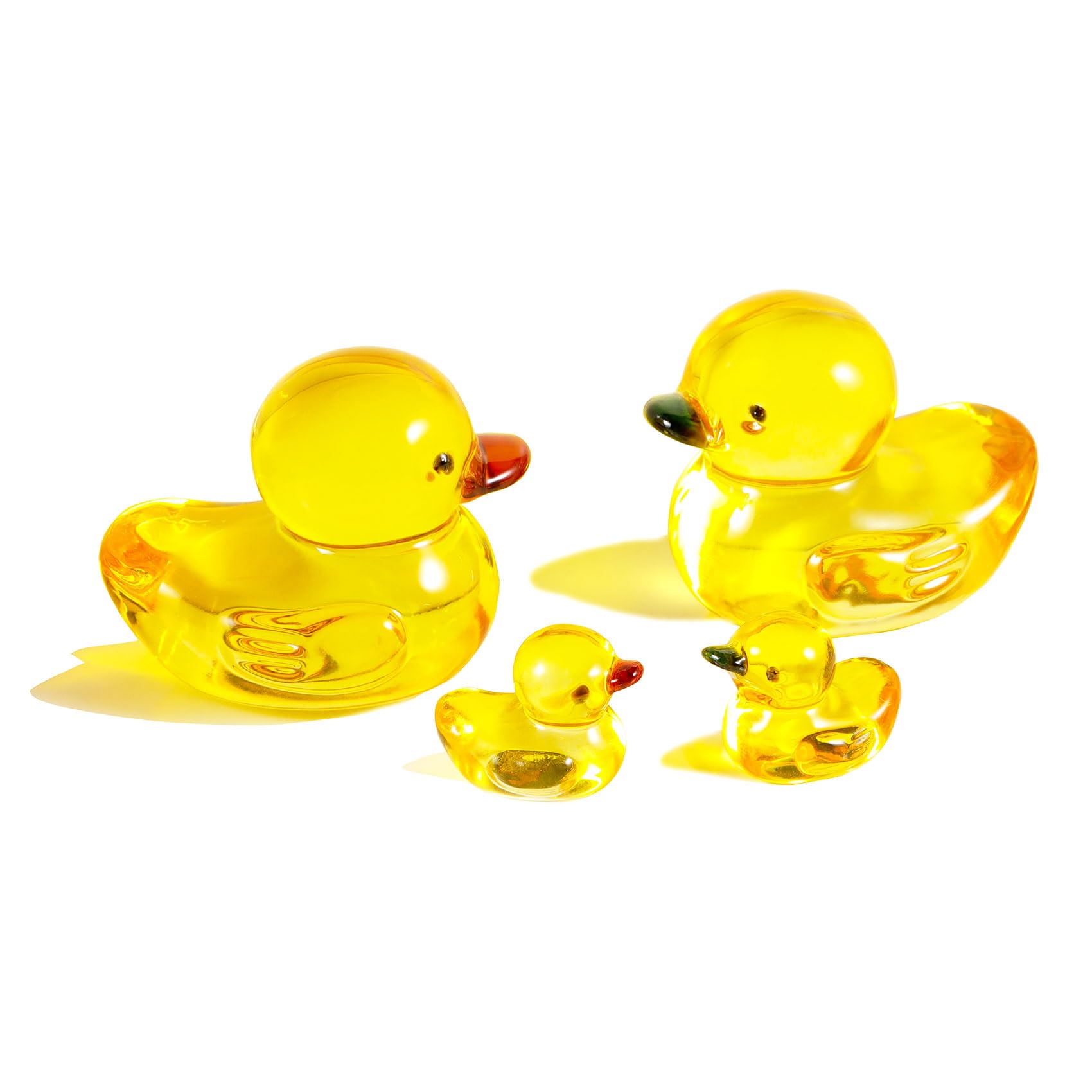 Arikyrist Yellow Glass Duck Family Figurines, Crystal Animal Collectible Sculptures Home Decor, Mini Duck Parents and Kids Statues Sets 4 PCs for Women Mum on Birthday Christmas