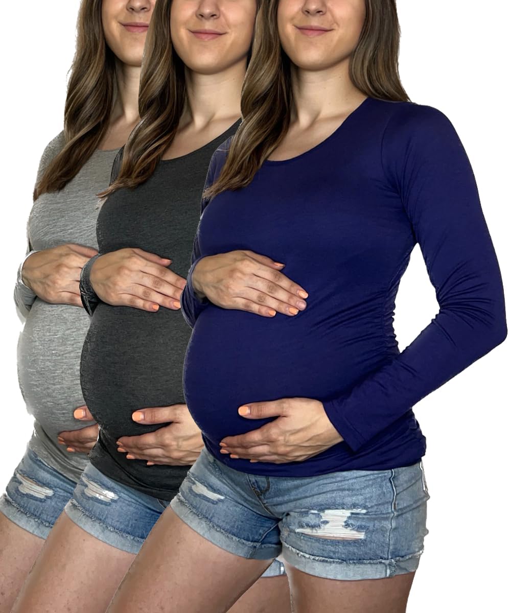 MISS POPULAR Womens 3 Pack Maternity Long Sleeve Shirts Assorted Styles and Colors Ruched Side Cozy Pregnancy Tops