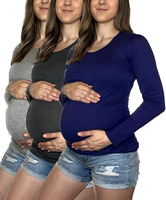MISS POPULAR Womens 3 Pack Maternity Long Sleeve Shirts Assorted Styles and Colors Ruched Side Cozy Pregnancy Tops