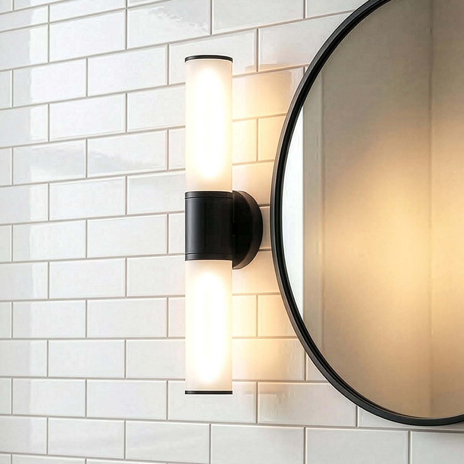 2-Light Bathroom Vanity Lighting Fixture, Black Wall Sconce with Opal White Glass, E26 Stocket Indoor Wall Lamp, Modern Mirror Light