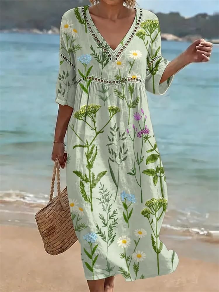 Leinenkleid Damen Sommer V Ausschnitt Maxikleid Blumen Tunika Kleid A Linie Boho Sommerkleid Baumwolle Leinen Kleider mit Ärmeln Damenkleider Elegant Weites Strandkleid Leicht Luftig