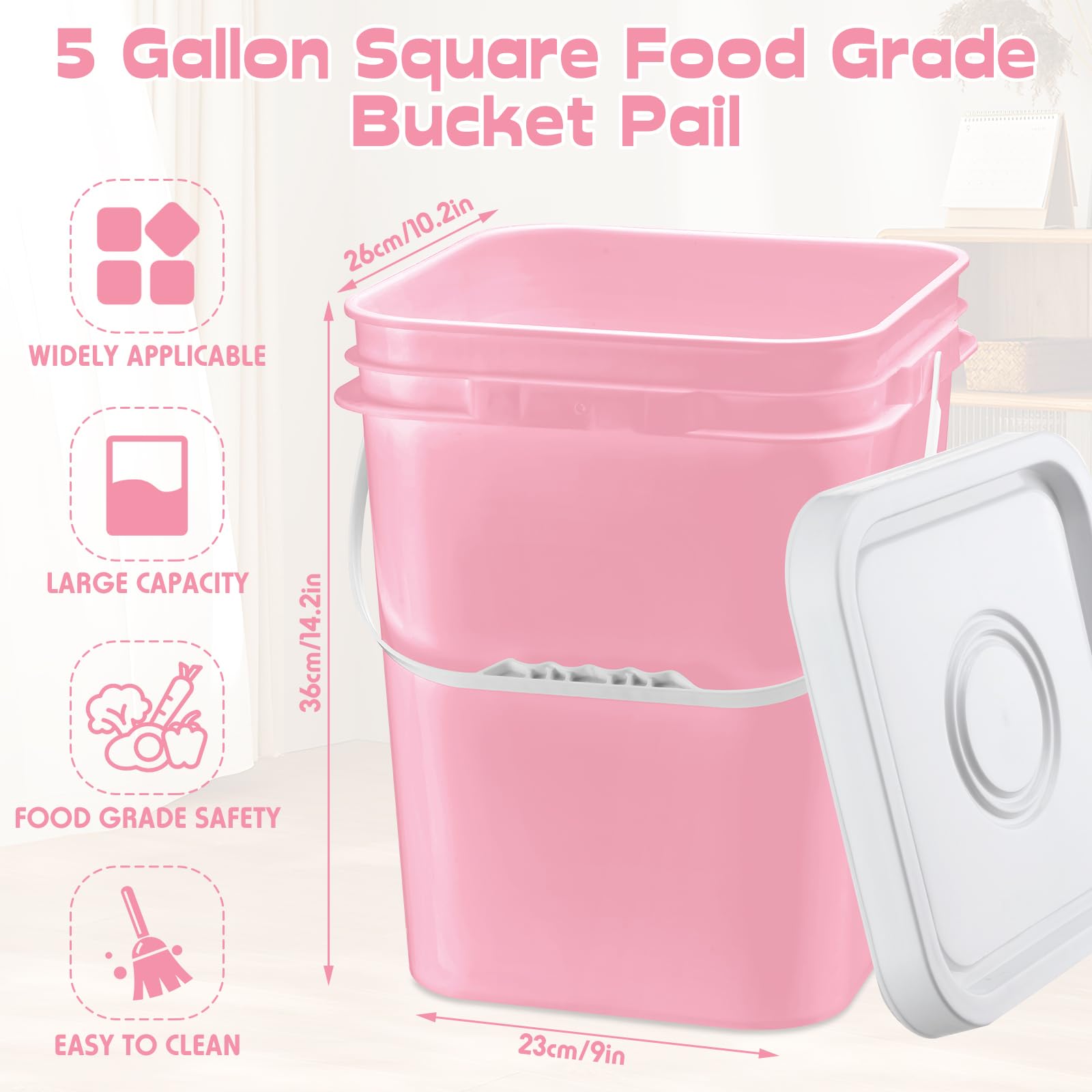 Vesici 6 cubos cuadrados de 5 galones con mango de plástico y tapa, contenedor industrial de almacenamiento de alimentos, con etiqueta adhesiva de bricolaje para pintura multiusos, agua, arte,