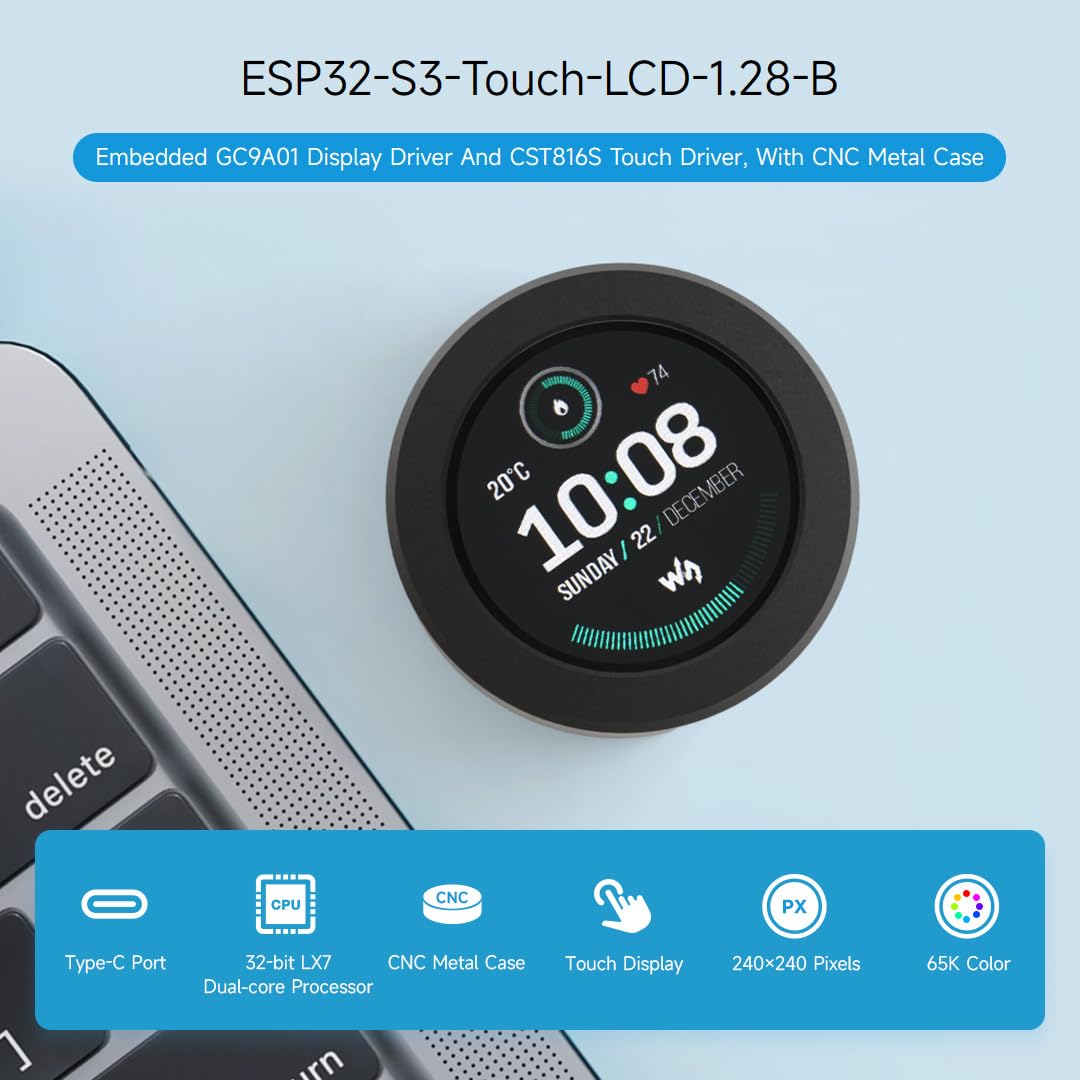 Waveshare ESP32-S3 Development Board, With 1.28inch Touch LCD, Compact Size, Accelerometer And Gyroscope Sensor, Display, With CNC Metal Case, Suitable For Various Smart Devices Development