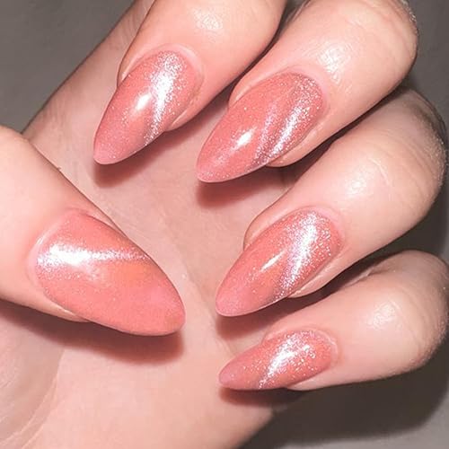 GLAMERMAID Pink Press on Nails Medium Almond, Hamdmade Cat Eyes