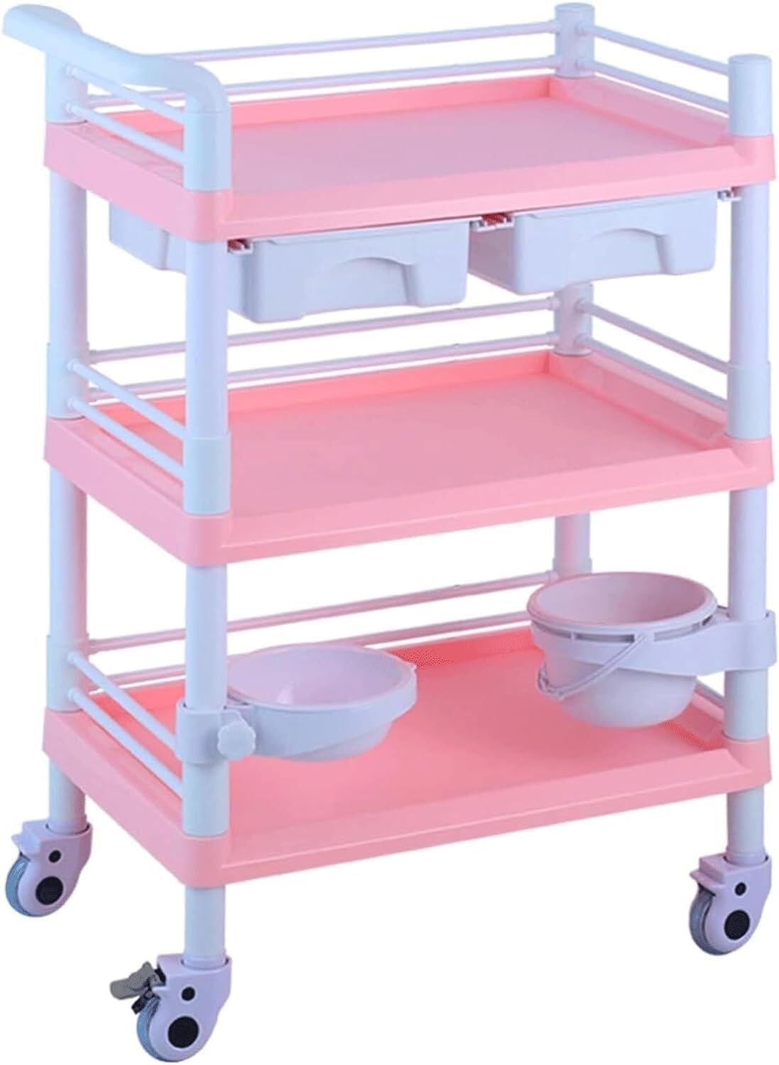 SSDDLZEQ Mobile Salon Station, Salon Rolling Cart 3 Tier Salon Trolley Double Drawers Salon Cart Raised Guardrail Trolley Cart Abs Salon Trolley Cart