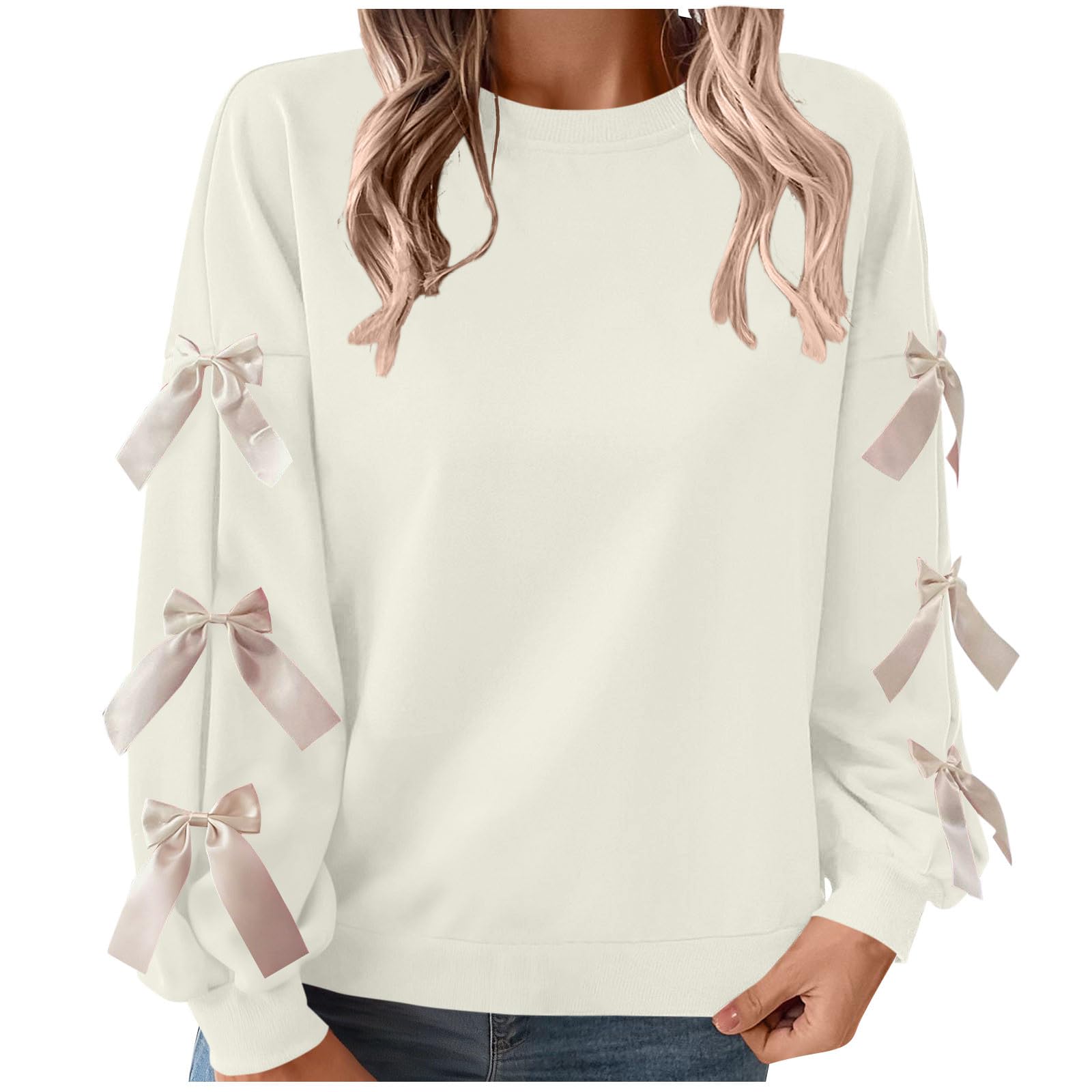 Sweatshirt for Women Trendy Long Sleeve Crewneck Valentines Sweatshirts with Bows Cute Christmas Holiday Tops
