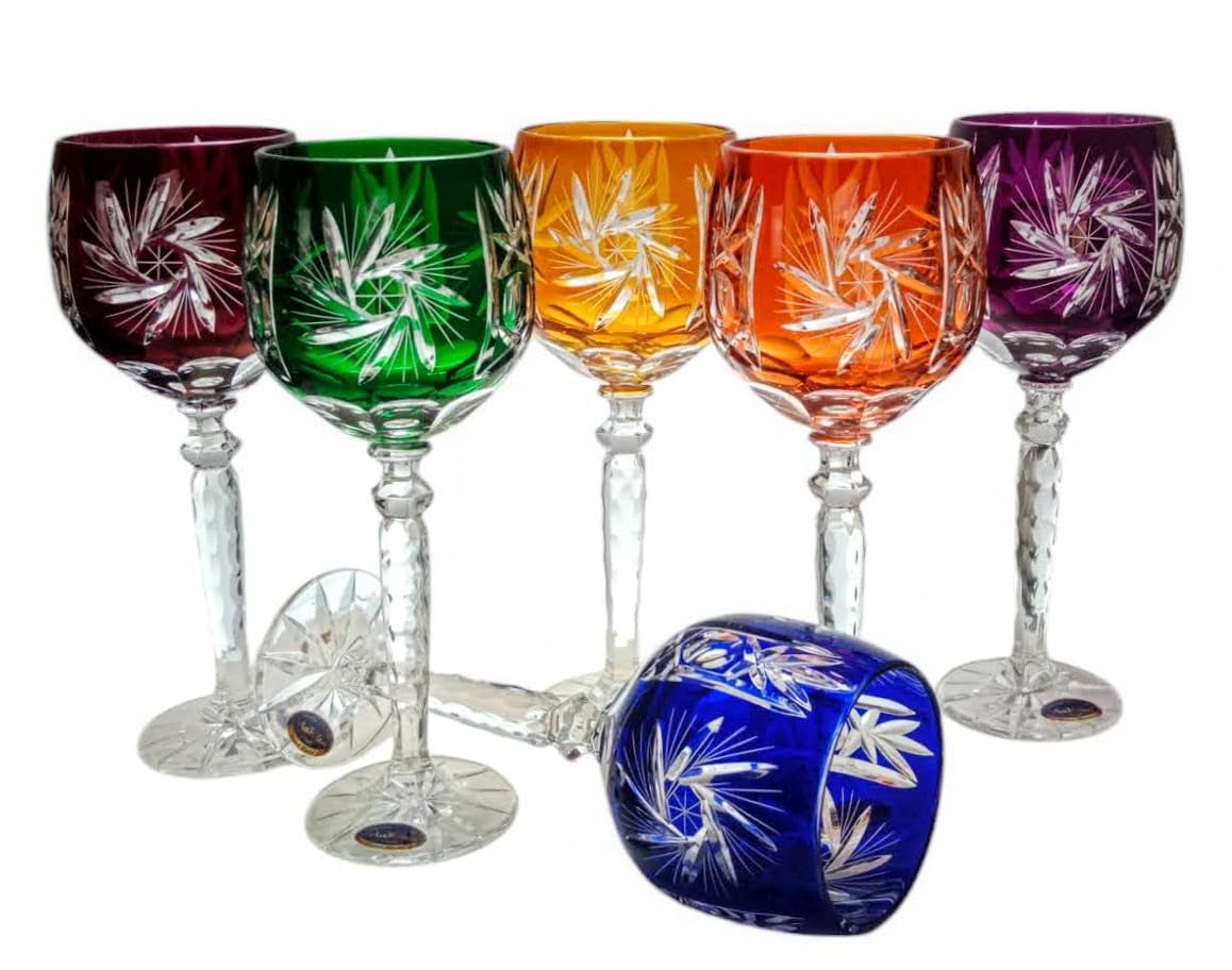 MaRika Lot de 6 verres à vin en cristal, 280 ml, multicolores, faits à la main, parfaits pour le vin rouge et le vin blanc, idée cadeau