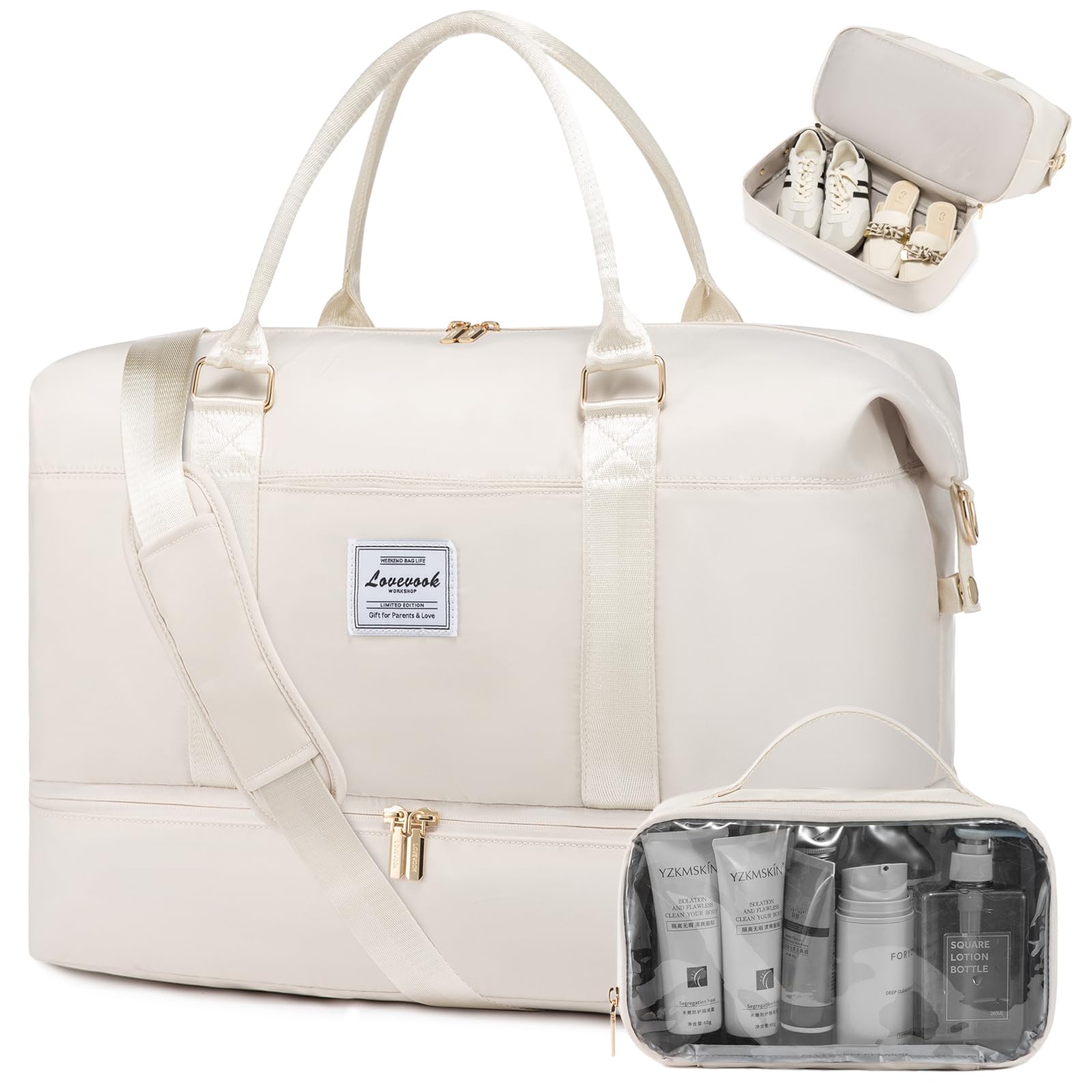 LOVEVOOK Reistas dames sporttas grote handbagage tas weekendtas zwemtas waterdichte reistas fitness tas trainingstas vrouwen kliniektas voor reizen gym licht vliegtuig - M - Boven- en onderste schoenvakken, beige